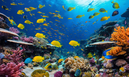 Underwater Scene With Reef And Tropical Fish, amazing natureの素材