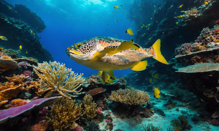 Underwater scene. Coral reef, colorful fish groups and sunny sky shining through clean ocean water.の素材