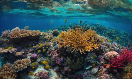 Underwater scene. Coral reef, colorful fish groups and sunny sky shining through clean ocean water.の素材
