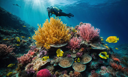 Underwater scene. Coral reef, colorful fish groups and sunny sky shining through clean ocean water.の素材