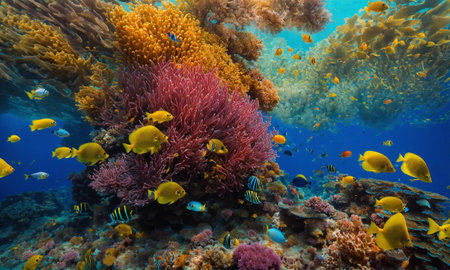 Underwater scene. Coral reef, colorful fish groups and sunny sky shining through clean ocean water.の素材