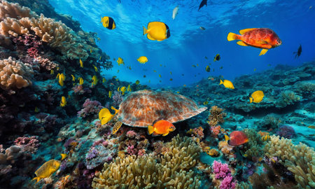 Life in a coral reef. Rich colors of tropical fish. Animals of the underwater sea world. Ecosystem.の素材