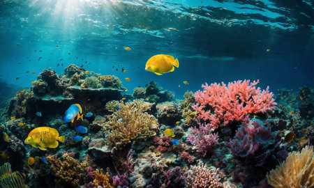 Life in a coral reef. Rich colors of tropical fish. Animals of the underwater sea world. Ecosystem.の素材