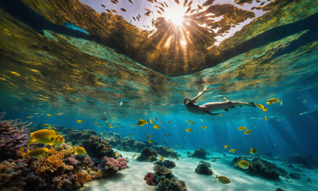 Life in a coral reef. Rich colors of tropical fish. Animals of the underwater sea world. Ecosystem.の素材