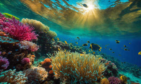 Colorful tropical fish in coastal waters. Life in a coral reef. Animals of the underwater sea world.の素材