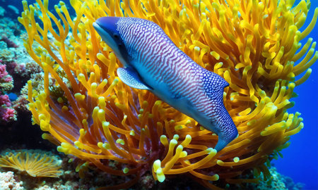 Colorful tropical fish in coastal waters. Life in a coral reef. Animals of the underwater sea world.の素材