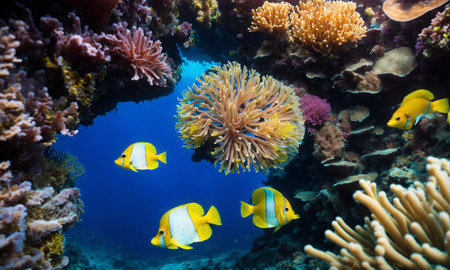Colorful tropical fish in coastal waters. Life in a coral reef. Animals of the underwater sea world.の素材