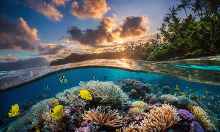 Colorful tropical fish in coastal waters. Life in a coral reef. Animals of the underwater sea world.の素材
