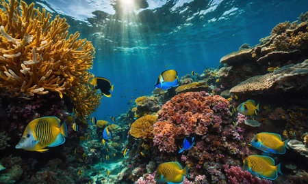 Colorful tropical fish in coastal waters. Life in a coral reef. Animals of the underwater sea world.の素材