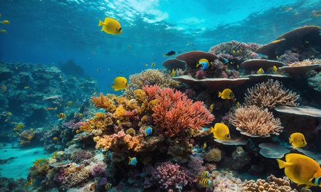 Colorful tropical fish in coastal waters. Life in a coral reef. Animals of the underwater sea world.の素材