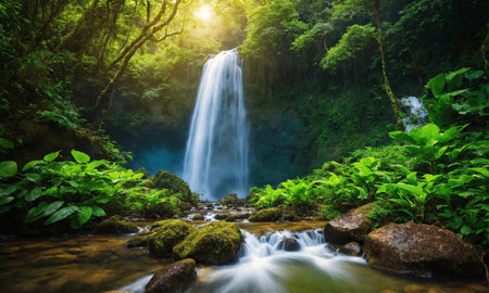 Waterfall hidden in the tropical jungle, amazing natureの素材
