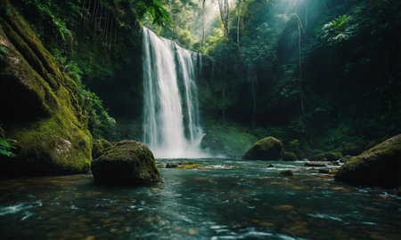 Waterfall hidden in the tropical jungle, amazing natureの素材