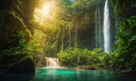 Waterfall hidden in the tropical jungle, amazing natureの素材