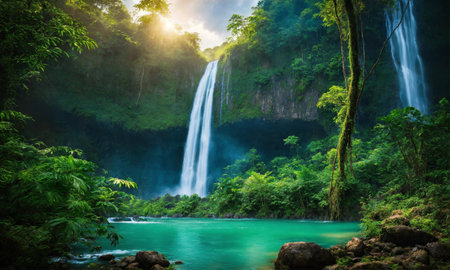 Jungle waterfall cascade in tropical rainforest, amazing natureの素材