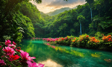 Hidden rain forest waterfall with lush foliage and mossy rocks, amazing natureの素材