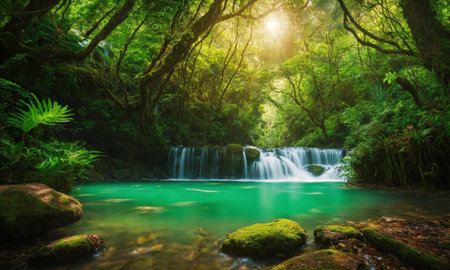 Hidden rain forest waterfall with lush foliage and mossy rocks, amazing natureの素材