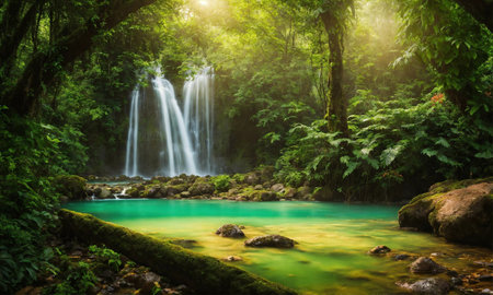 Hidden rain forest waterfall with lush foliage and mossy rocks, amazing natureの素材