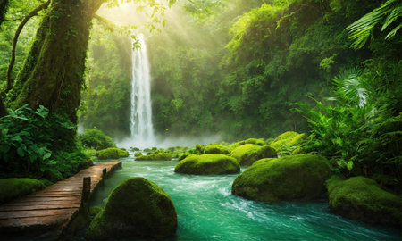 Hidden rain forest waterfall with lush foliage and mossy rocks, amazing natureの素材