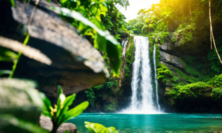 Hidden rain forest waterfall with lush foliage and mossy rocks, amazing natureの素材