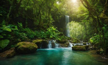 Hidden rain forest waterfall with lush foliage and mossy rocks, amazing natureの素材