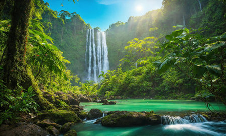 beautiful waterfall in green forest in jungle, amazing natureの素材