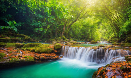 Waterfall river stream in green nature forest landscape, amazing natureの素材