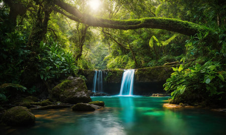 Waterfall river stream in green nature forest landscape, amazing natureの素材