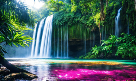 Panoramic photo landscape / Waterfall hidden in the tropical jungle, amazing natureの素材