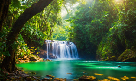Panoramic photo landscape / Waterfall hidden in the tropical jungle, amazing natureの素材