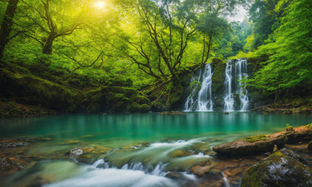 Panoramic photo landscape / Waterfall hidden in the tropical jungle, amazing nature