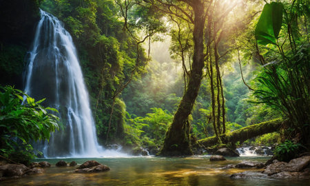 Panoramic photo landscape / Waterfall hidden in the tropical jungle, amazing natureの素材