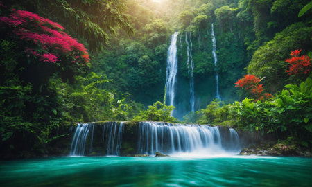Panoramic photo landscape / Waterfall hidden in the tropical jungle, amazing natureの素材