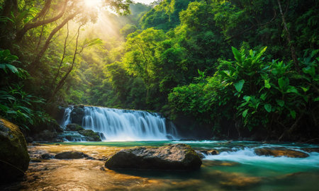 Beautiful mountain rainforest waterfall with fast flowing water and rocks, amazing natureの素材