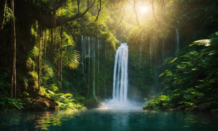 Waterfall hidden in the tropical jungle, amazing natureの素材