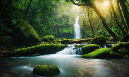 Waterfall hidden in the tropical jungle, amazing natureの素材