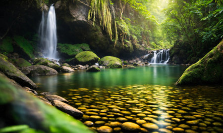 Waterfall hidden in the tropical jungle, amazing natureの素材