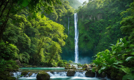 Waterfall hidden in the tropical jungle, amazing natureの素材