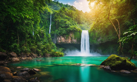 Waterfall hidden in the tropical jungle, amazing natureの素材