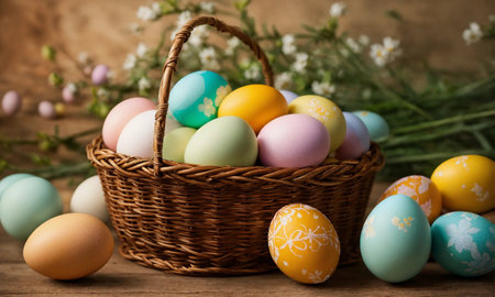 Easter collage. easter eggs and spring flowers, happy easter daysの素材