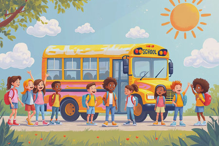 Colorful Banner Design with School Items and Children Celebrating Back to Schoolの素材