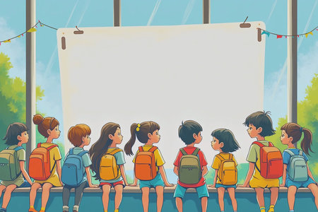 Creative Illustration of Kids, Books, and Chalkboard for the First Day of School Themeの素材
