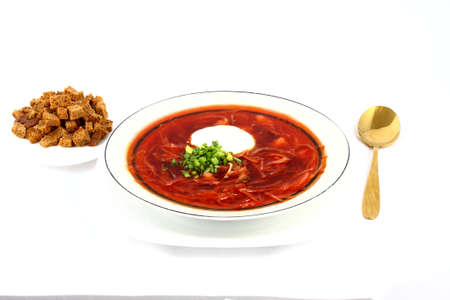 Meatless Ukrainian borsch with mushrooms and beans and sour creamの写真素材