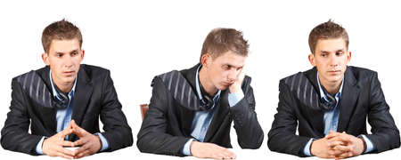 young businessman in a suit, sitting in different positions, isolated on a white background