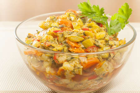finished saute courgettes in a glass bowl closeupの写真素材