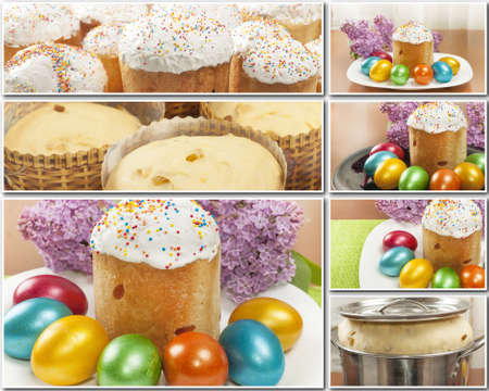 Easter cakes and painted eggs with a sprig of lilac collageの写真素材