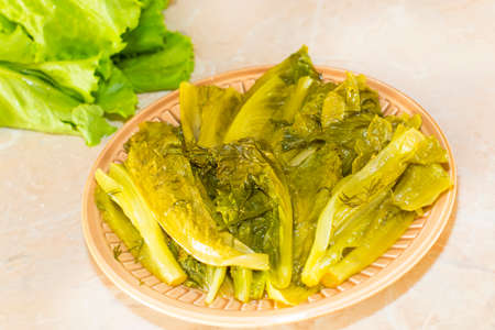 Freshly Salted lettuce leaves on a plateの写真素材