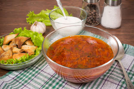 borsch with ears made of dough stuffed with buckwheatの写真素材