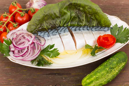 fillet, salted mackerel sliced and served on celedoniaの写真素材