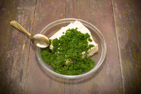 fresh dill and butter in the cooking process green oilの写真素材