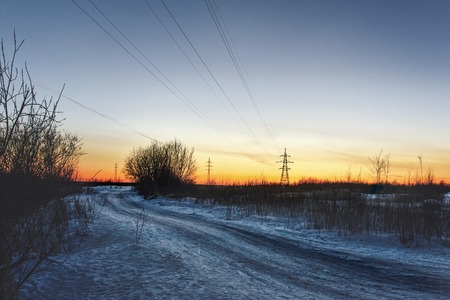Winter night landscape. Winter scene. The snowy landscape.の写真素材